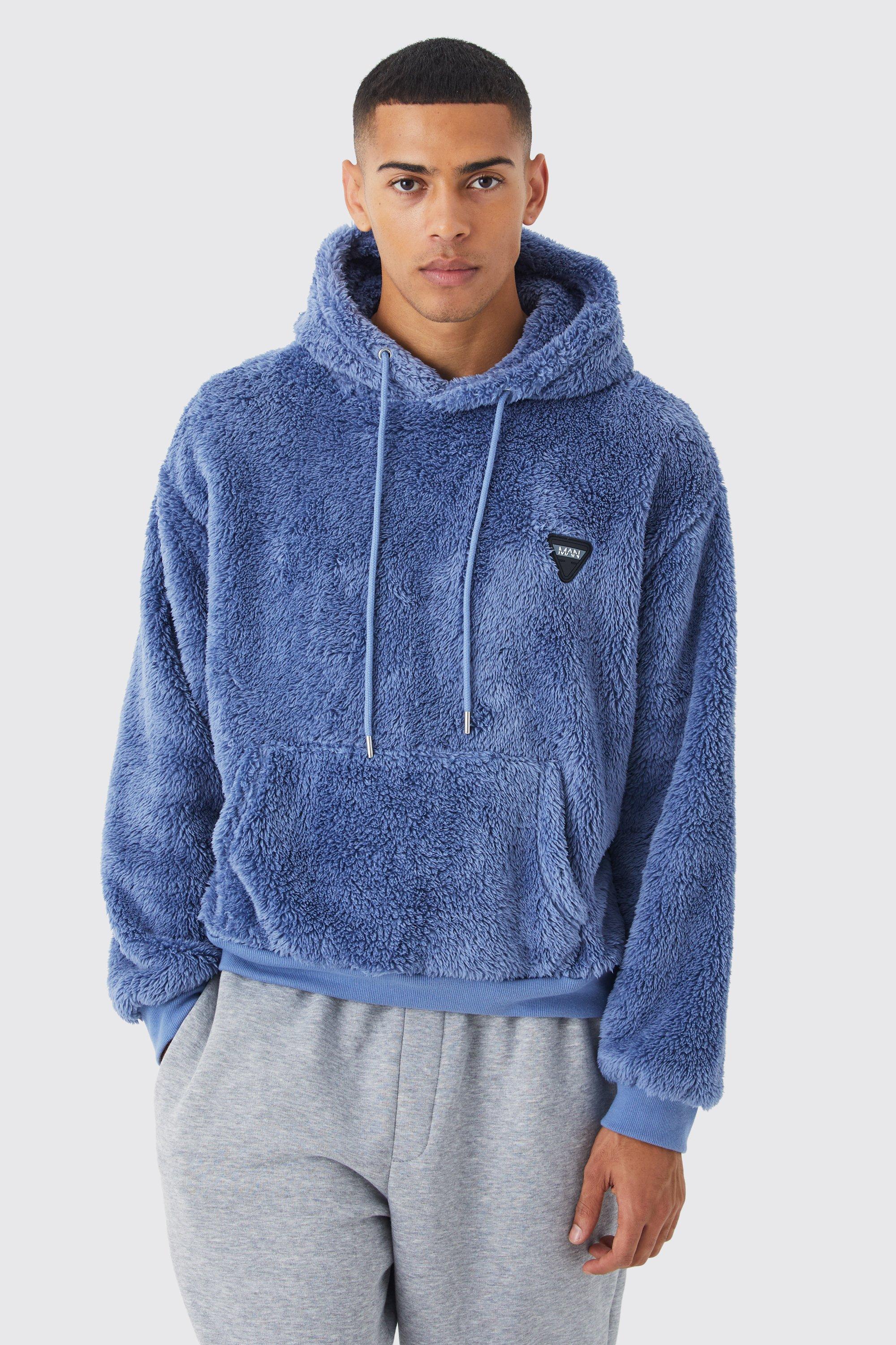 Mens Blue Oversized Boxy Borg Rubber Badge Hoodie, Blue